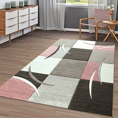 Modern Living Room Rug Checkered in pink white grey