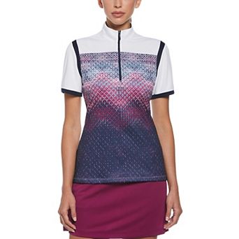 Women's Grand Slam Short Sleeve Texture Blocked Zip Mock Neck Golf Top