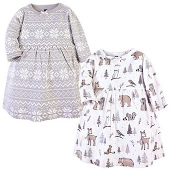 Hudson Baby Infant and Toddler Girl Cotton Long-Sleeve Dresses 2 pk Gray Winter Forest, 0-3 Months