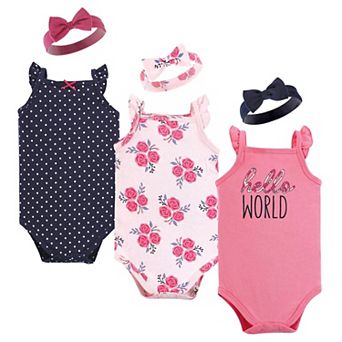 Hudson Baby Infant Girl Sleeveless Bodysuit and Headband Set, Pink Navy Roses, 6-9 Months