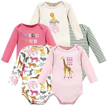 Hudson Baby Infant Girls Cotton Long-Sleeve Bodysuits, Colorful Safari