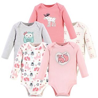 Hudson Baby Infant Girl Cotton Long-Sleeve Bodysuits 5 pk Pink Forest