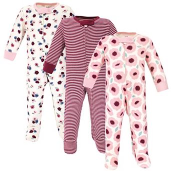 Touched by Nature Baby Girl Organic Cotton Zipper Sleep and Play 3 pk Blush Blossom, 0-3 Months