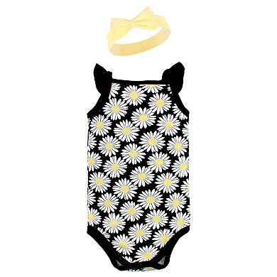 Hudson Baby Infant Girl Sleeveless Bodysuit and Headband Set, Black Daisy