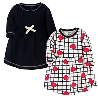 Touched by Nature Baby and Toddler Girl Organic Cotton Long-Sleeve Dresses 2 pk Black Red Heart, 12-18 Months