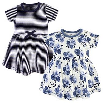 Touched by Nature Baby and Toddler Girl Organic Cotton Short-Sleeve Dresses 2 pk Navy Floral