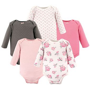 Hudson Baby Infant Girl Cotton Long-Sleeve Bodysuits 5 pk Basic Pink Floral, 0-3 Months