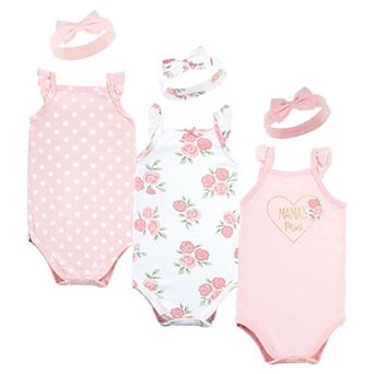 Hudson Baby Infant Girl Sleeveless Bodysuit and Headband Set, Soft Pink Roses
