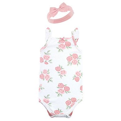 Hudson Baby Infant Girl Sleeveless Bodysuit and Headband Set, Soft Pink Roses