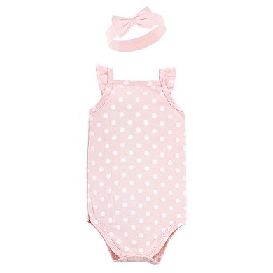Hudson Baby Infant Girl Sleeveless Bodysuit and Headband Set, Soft Pink Roses