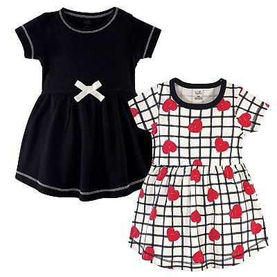 Touched by Nature Baby and Baby Girl Organic Cotton Short-Sleeve Dresses 2PK, Black Red Heart