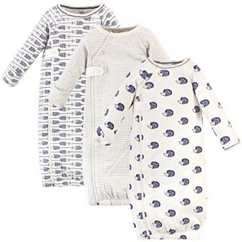 Touched by Nature Baby Boy Organic Cotton Zipper Long-Sleeve Gowns 3 pk Hedgehog Side Zipper