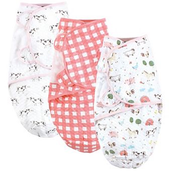 Hudson Baby Infant Girl Quilted Cotton Swaddle Wrap 3 pk Girl Farm Animals, 0-3 Months