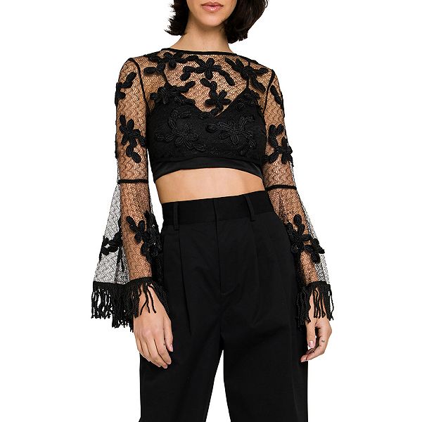 Floral Lace Crop Top With Bell Sleeve 2670