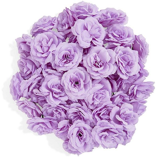 50 Pack Purple Rose Flower Heads for DIY Crafts, Artificial Stemless