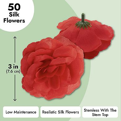 50 Pack Red Roses Artificial Flowers Bulk, 3" Stemless Fake Silk Roses