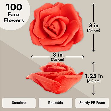 100 Pack Red Artificial Flowers, Bulk Stemless Fake Foam Roses, 3 In