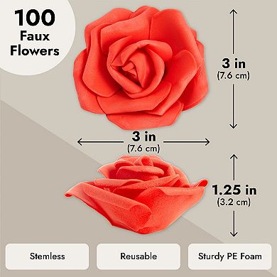 Stemless Rose Artificial Flower Heads for Wedding Valentine's & DIY (3 in, Red, 100 Pack)