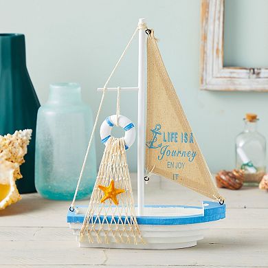 Wooden Sailboat Model, Nautical Home Decoration, Office Desk Ornament (12.5 x 8.25 x 3 In)