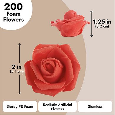 200 Pack Fake Red Roses, 2 Inch Stemless Foam Flowers For Wall Decorations