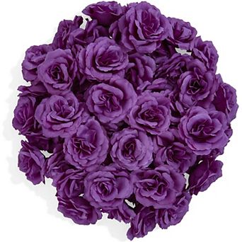 50 Pack Purple Roses Artificial Flowers Bulk, 3" Stemless Fake Silk Roses