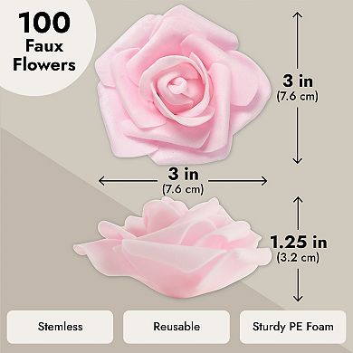 100 Pack Light Pink Artificial Flowers, Bulk Stemless Fake Foam Roses, 3 In