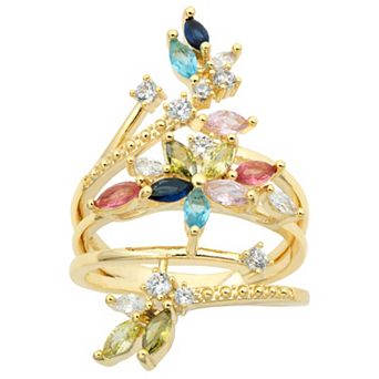 Brilliance Gold Tone Multicolor Crystal & Cubic Zirconia Flower Wrap Ring