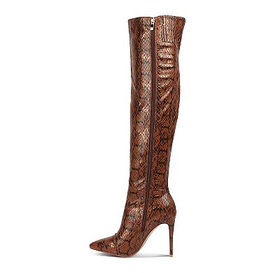 London Rag Catalina Women's Knee-High Snake Print Stiletto Boots