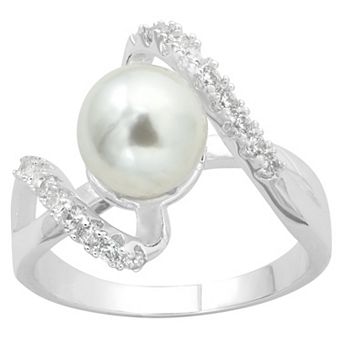 Brilliance Silver Tone Simulated Pearl & Cubic Zirconia Bypass Ring