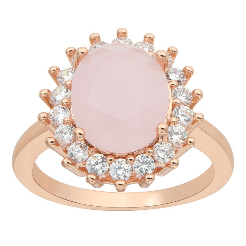 Brilliance Rose Gold Tone Pink & White Crystal Halo Ring, Womens, Size: 7