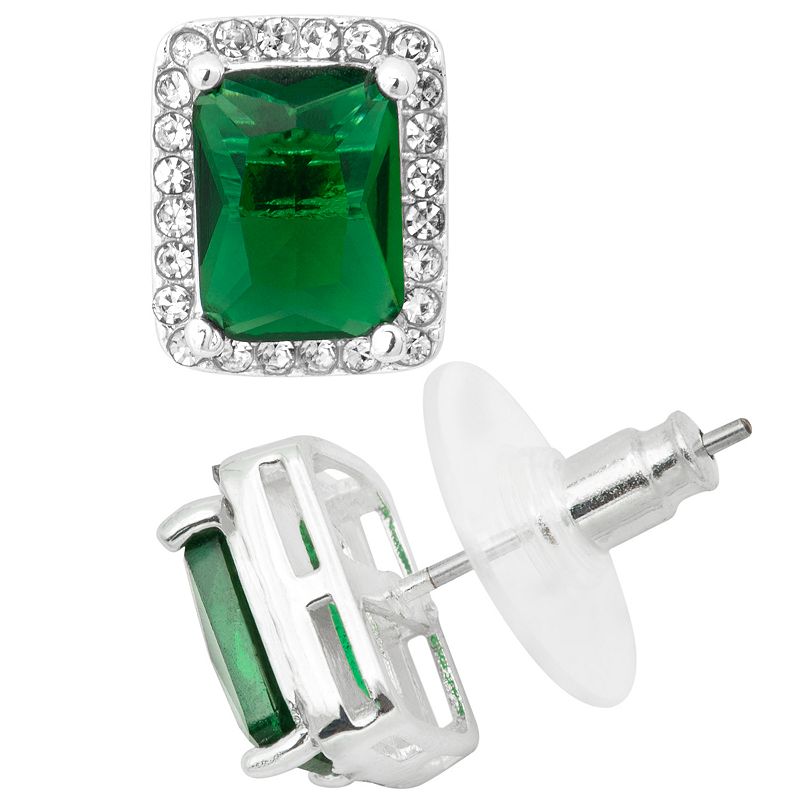 Brilliance Silver Tone Green & White Crystal Stud Earrings, Womens