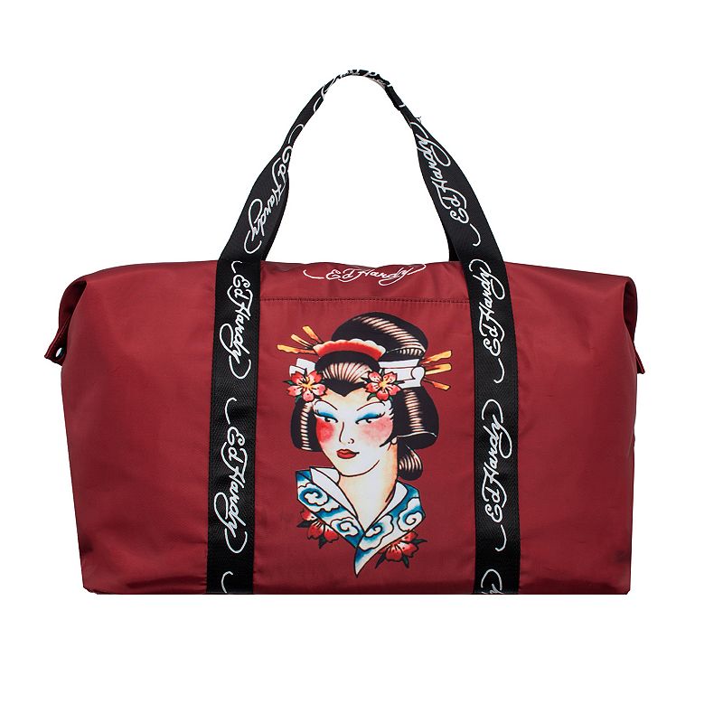 Ed Hardy Nylon Weekender Duffle Bag With Adjustable Shoulder Strap, Red