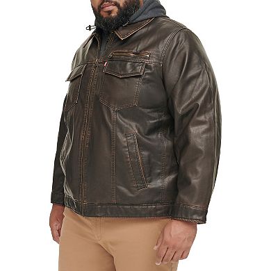 Big & Tall Levi's® Faux Leather Hooded Trucker Jacket with Sherpa Lining