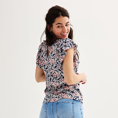 Juniors' SO® Flutter Sleeve Keyhole Top