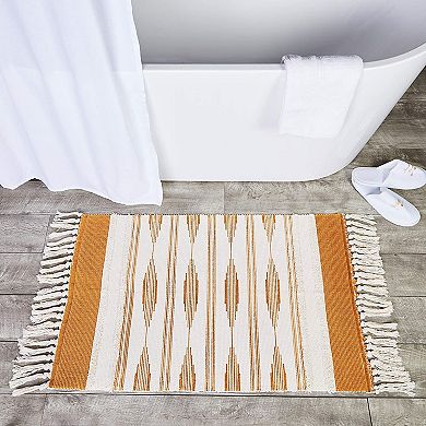 Yellow Bohemian Bathroom Rug with Tassels, Bohemian Mat (23.6 x 35 Inches)