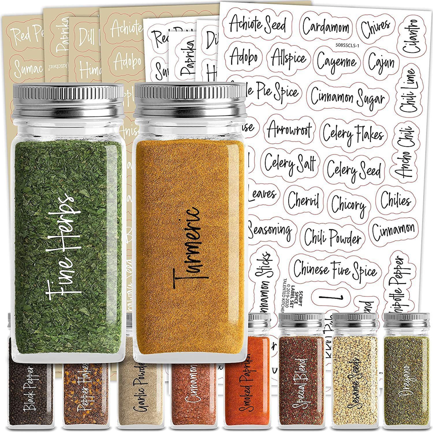 14 Glass Spice Jars w/2 Types of Preprinted Spice Labels