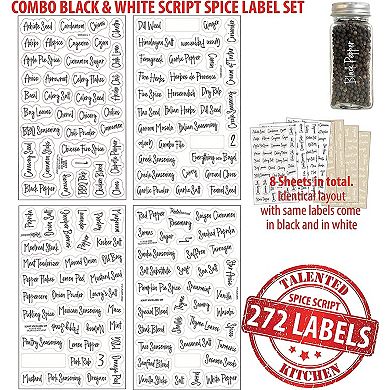 272 Spice Jar Labels for Containers, Preprinted Black and White Script on Clear Seasoning Label Stickers + Numbers + Blanks for Kitchen Organization Rack and Herb Storage
