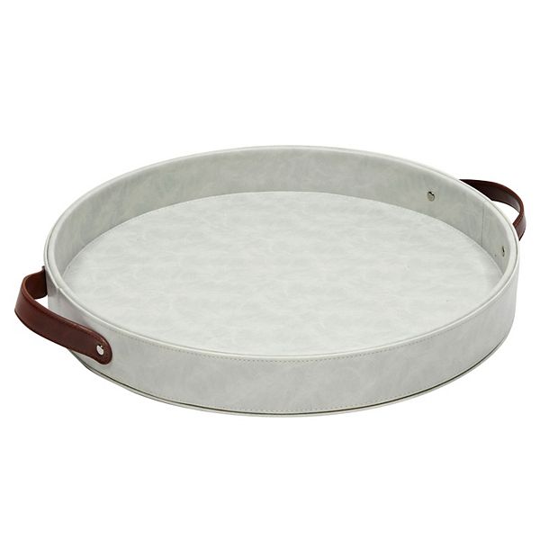 Faux Leather Round Serving Tray with Handles for Coffee Table and