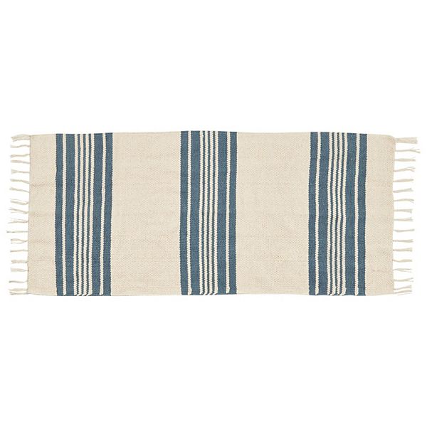 Blue Striped Woven Cotton Runner Rug with Tassels for Hallway, Entryway