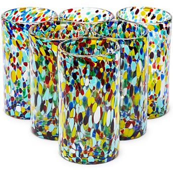 Hand Blown Mexican Glassware, Confetti Rock Glasses (14 oz, 6 Pack)