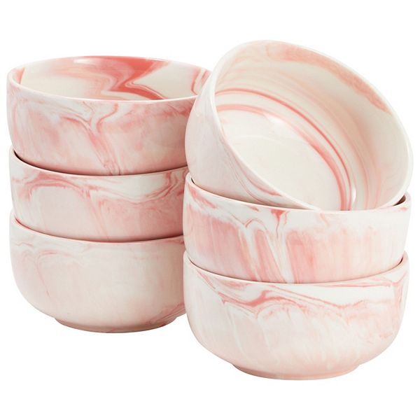 Set of 6 Porcelain Pasta Bowls, Pink Marble Design Dinnerware for Salad