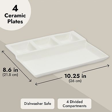 Juvale 4-Pack White Ceramic Divided Plates - 10.25x8.6 Inch Fondue & Appetizer Serving Dishes