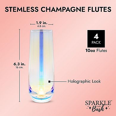 Iridescent Stemless Champagne Flutes, Wine Glasses for Cocktails (10 oz, 4 Pack)