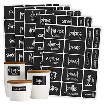128 Chalkboard Pantry Labels for Food Containers, White Script on Black Sticker