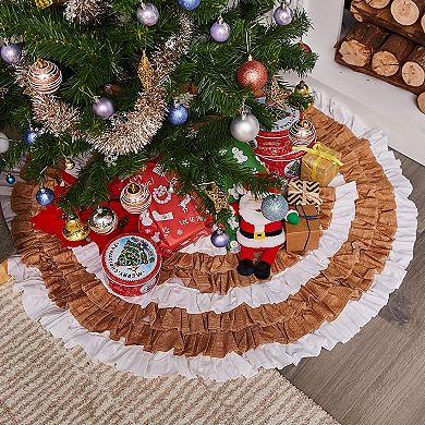 Juvale Rustic Christmas Tree Skirt, White and Brown Round Tree Skirt Holiday Decor (48 in)