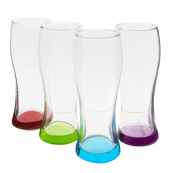 16 Oz Pilsner Beer Glasses With Assorted Color Bottoms, Pint Glass Set Of 4