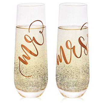 'Mr And Mrs' Champagne Toasting Flutes For Bride And Groom, Stemless, Rose Gold