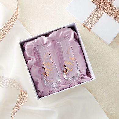 'Mr And Mrs' Champagne Toasting Flutes For Bride And Groom, Stemless, Rose Gold