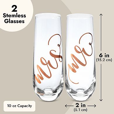 'Mr And Mrs' Champagne Toasting Flutes For Bride And Groom, Stemless, Rose Gold