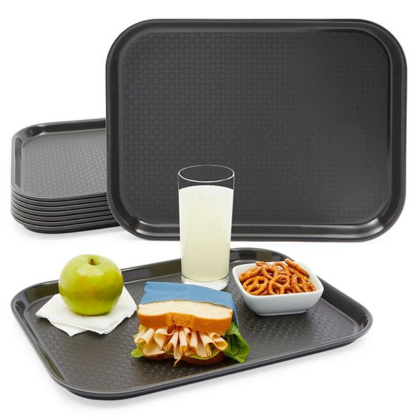 8 Pack Plastic Nonslip Serving Tray For Cafeteria, School Lunch, Black